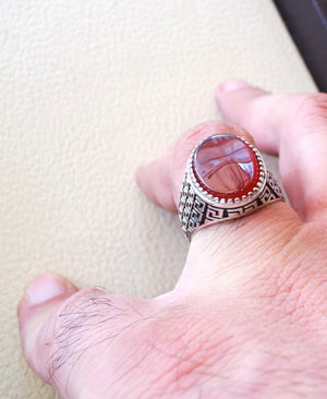 man ring sterling silver 925 aqeeq natural flat agate carnelian semi precious stone oval red cabochon gem arabic middle eastern turkey style
