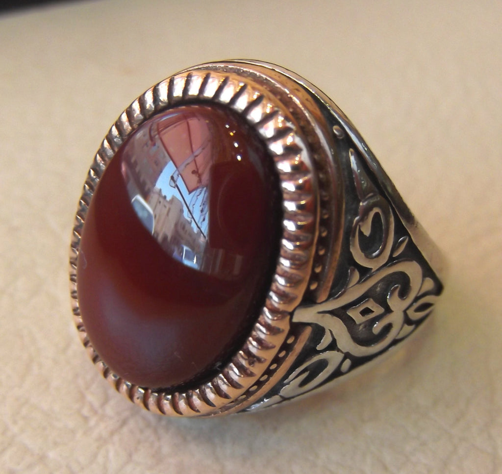 Agate cornaline pierre naturelle rouge Yémen Aqeeq Sterling Silver Men Ring 925 Vintage arabe turc bronze cadre bijoux toutes les tailles