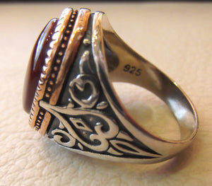 Agate cornaline pierre naturelle rouge Yémen Aqeeq Sterling Silver Men Ring 925 Vintage arabe turc bronze cadre bijoux toutes les tailles