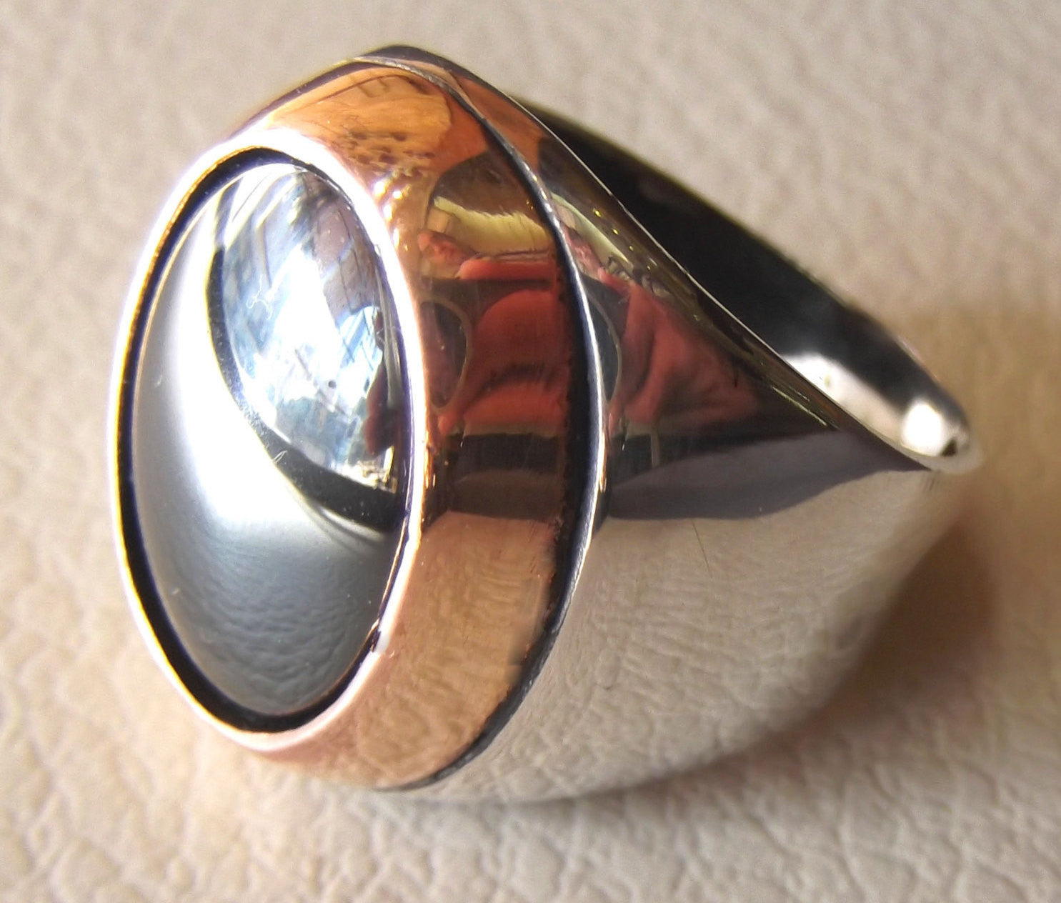 hematite natural stone sterling silver 925 man ring 18 mm 13 mm cabochon semi precious in bronze frame jewelry all sizes nice gift