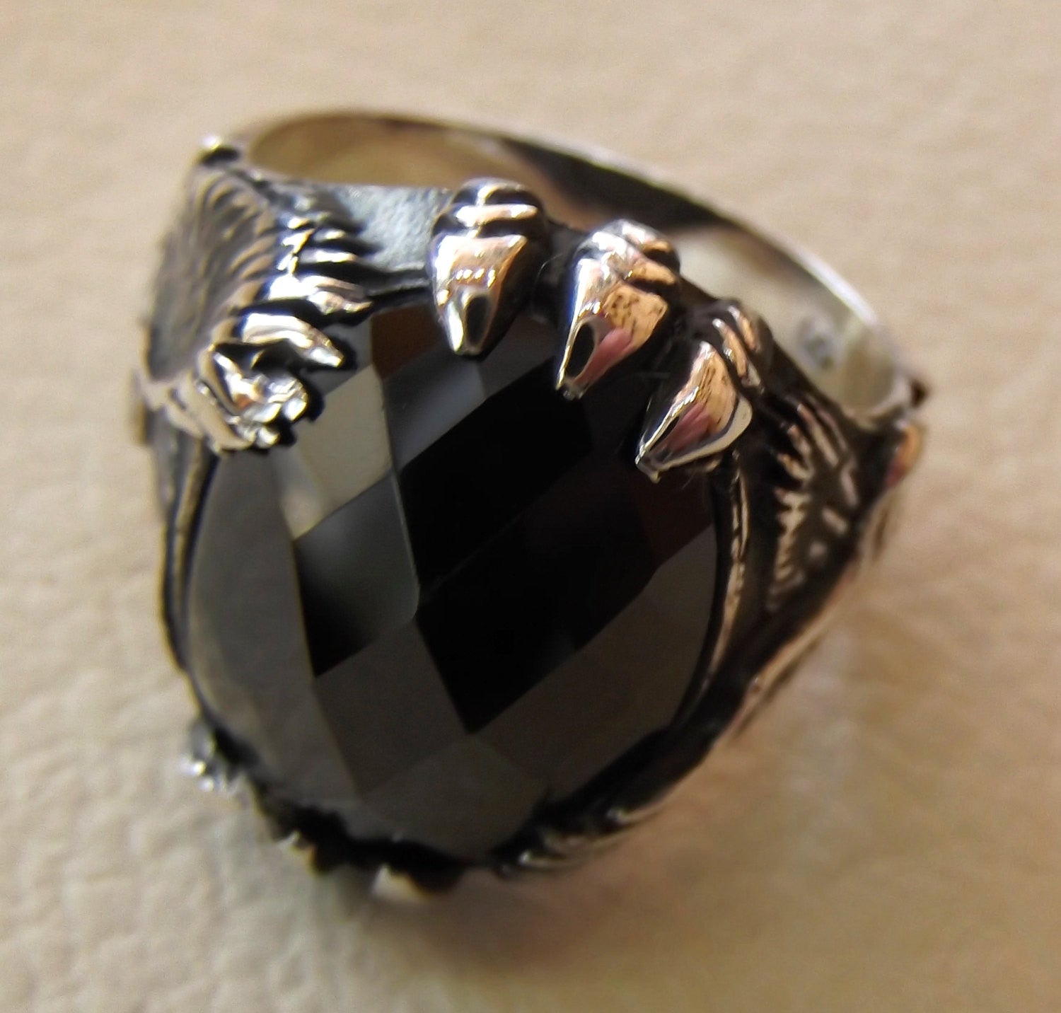 Onyx aigle anneau noir agate perle naturel ovale pierre Sterling argent 925 hommes bijoux animaux toute taille livraison libre oxydé style antique