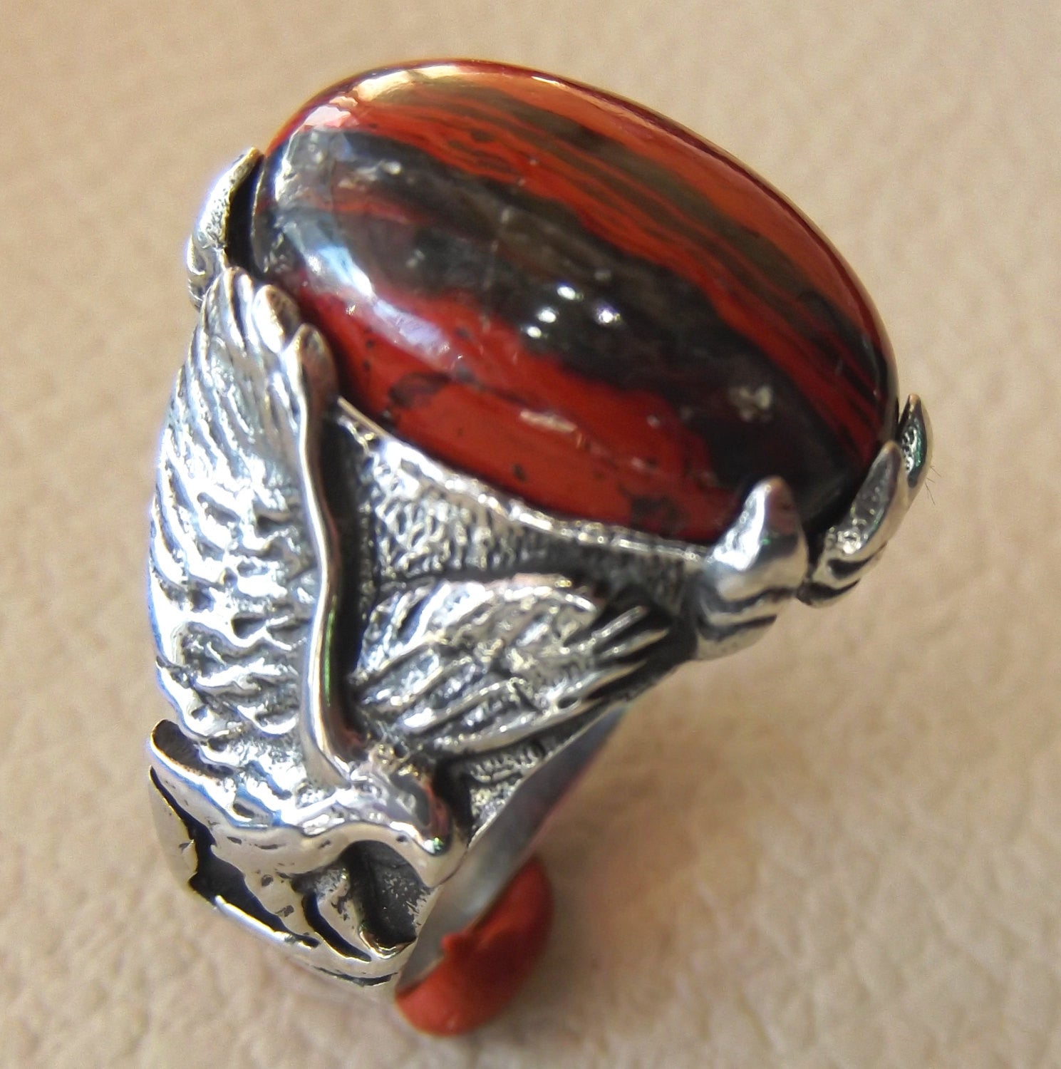 Snake Skin jaspe Stone Natural GEM sterling silver 925 Ring rouge et noir ovale semi précieux cabochon homme aigle bague bijoux rapide expédition