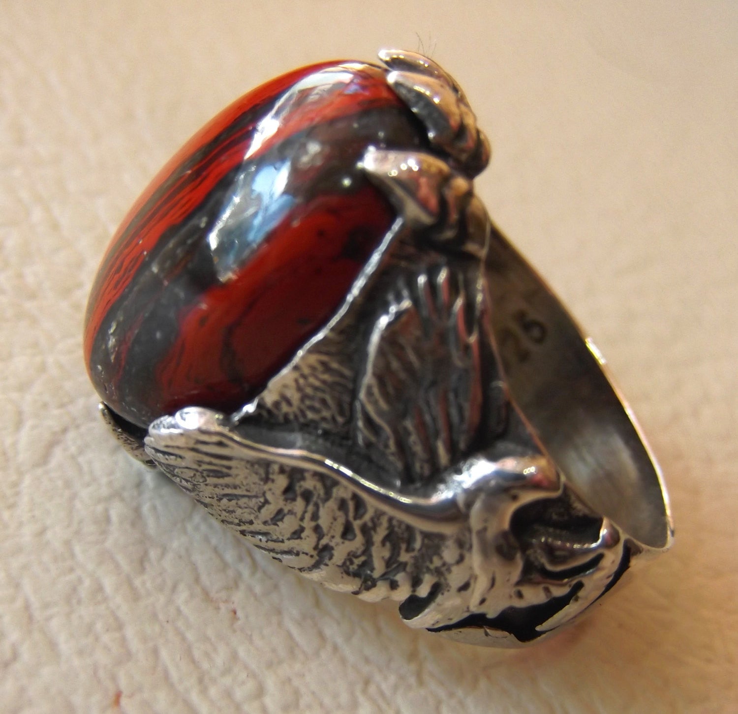 Snake Skin jaspe Stone Natural GEM sterling silver 925 Ring rouge et noir ovale semi précieux cabochon homme aigle bague bijoux rapide expédition