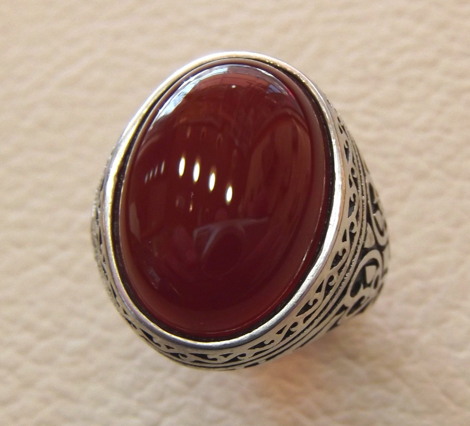Aqeeq Natural foie Agate cornaline semi précieux Pierre ovale rouge cabochon GEM homme anneau Sterling argent arabe moyen oriental Turquie style
