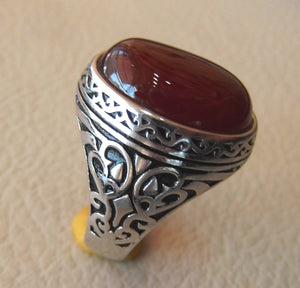 Aqeeq Natural foie Agate cornaline semi précieux Pierre ovale rouge cabochon GEM homme anneau Sterling argent arabe moyen oriental Turquie style