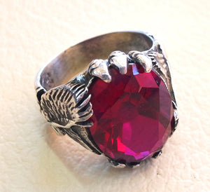 anneau d'homme d'aigle argent sterling 925 ovale rubis imitation rouge synthétique corrundum Pierre toutes les tailles bijoux bijou identique à la qualité réelle de haute