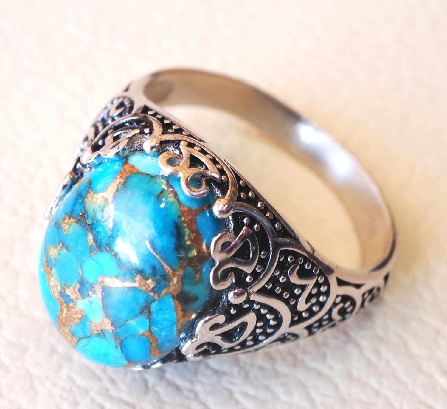 naturel cuivre Turquoise Pierre Sterling argent 925 homme anneau bleu semi précieux de haute qualité cabochon antique arabe style ottoman toute taille
