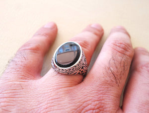 Aqeeq naturel Agate Onyx semi précieux Pierre ovale noir plat GEM homme anneau argent sterling arabe moyen oriental Turquie rapide style expédition