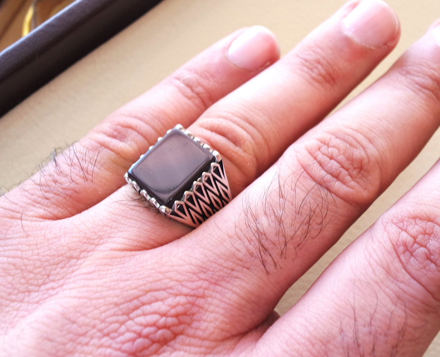men's ring black natural rectangular flat onyx black agate aqeeq sterling silver 925 all size middle eastern oriental style fast shipping