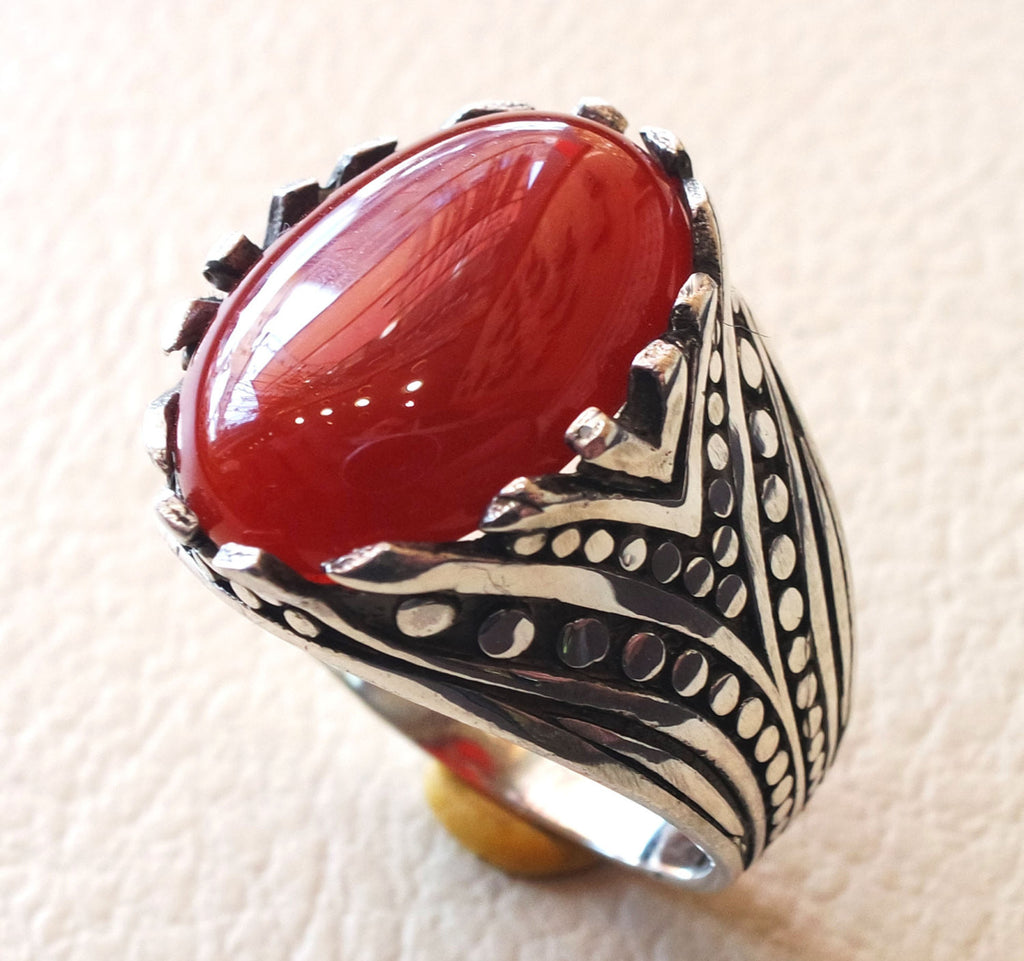 Aqeeq anneau Sterling argent rouge Pierre cornaline Agate hommes bijoux naturel cabochon arabe Turquie moyen orientale style ottoman toutes les tailles عقيق