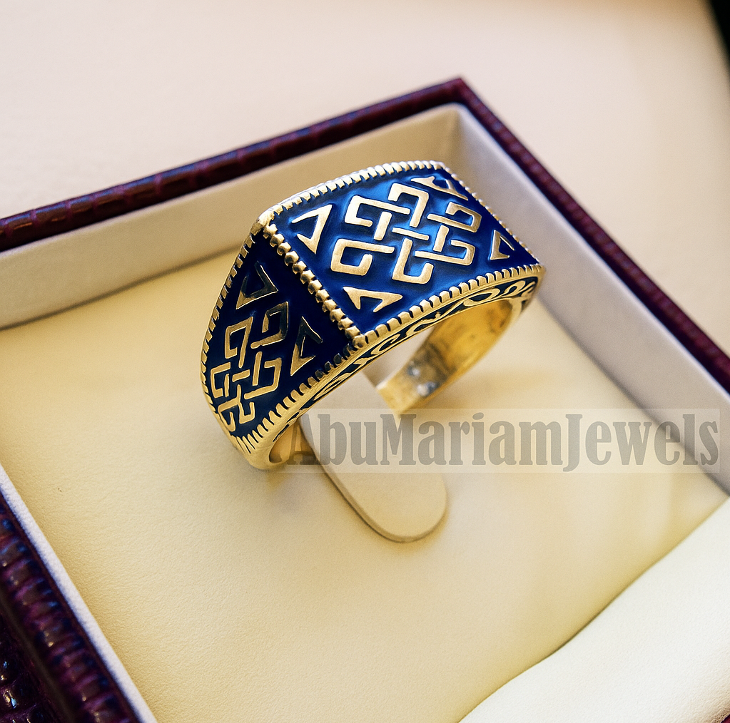 Celtic knot 10k yellow gold and blue enamel men ring all sizes signet style fine jewelry fast shipping heavy man ring