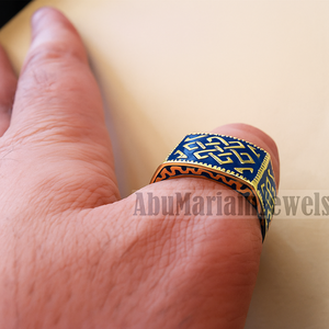 Celtic knot 10k yellow gold and blue enamel men ring all sizes signet style fine jewelry fast shipping heavy man ring