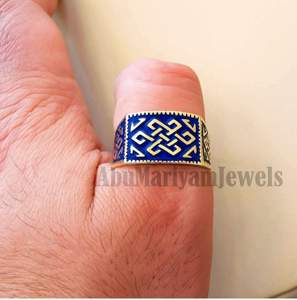 Celtic knot 10k yellow gold and blue enamel men ring all sizes signet style fine jewelry fast shipping heavy man ring