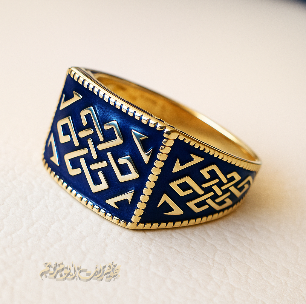 Celtic knot 10k yellow gold and blue enamel men ring all sizes signet style fine jewelry fast shipping heavy man ring