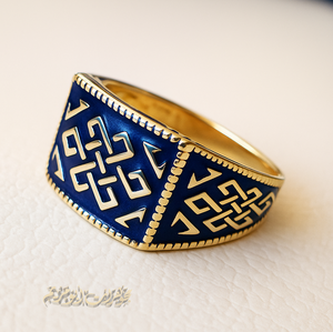 Celtic knot 10k yellow gold and blue enamel men ring all sizes signet style fine jewelry fast shipping heavy man ring