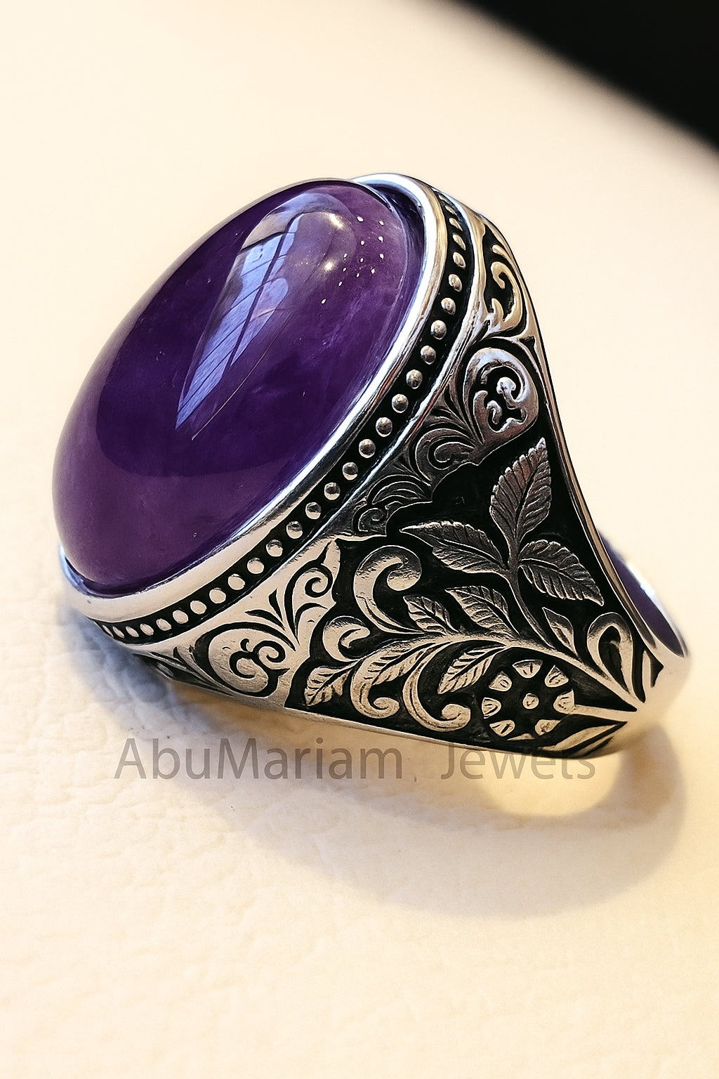 Amethyst man ring natural purple stone sterling silver 925 oval cabochon semi precious gem ottoman arabic style all sizes jewelry