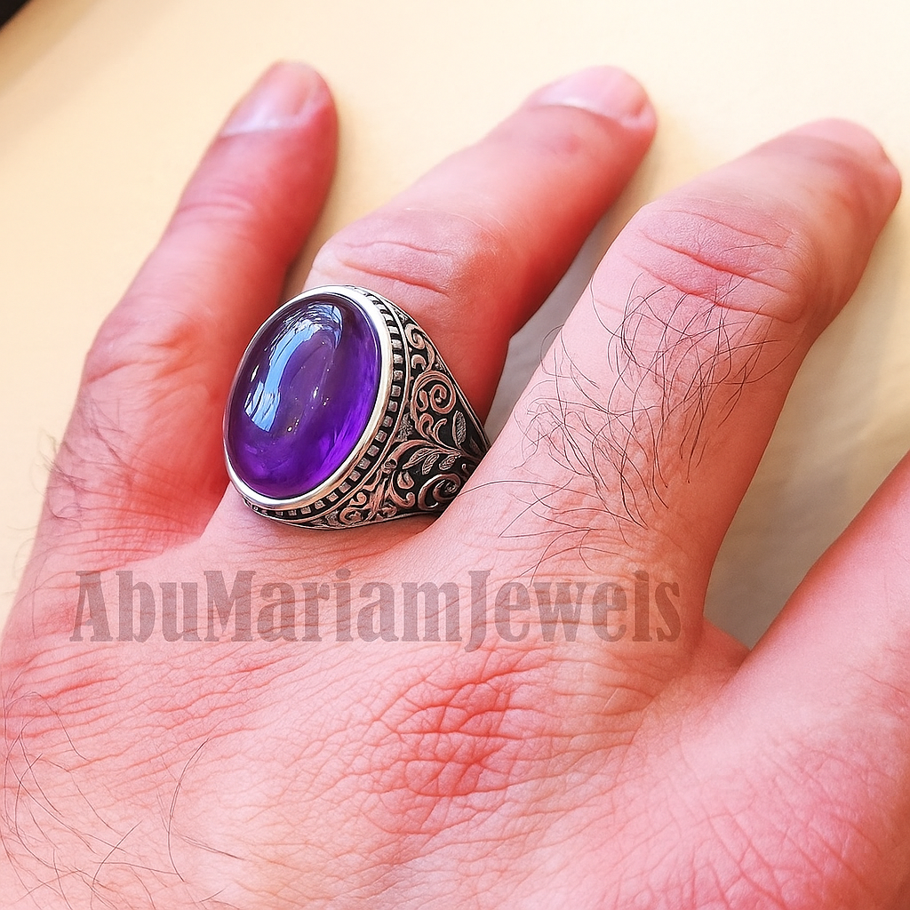 Amethyst man ring natural purple stone sterling silver 925 oval cabochon semi precious gem ottoman arabic style all sizes jewelry