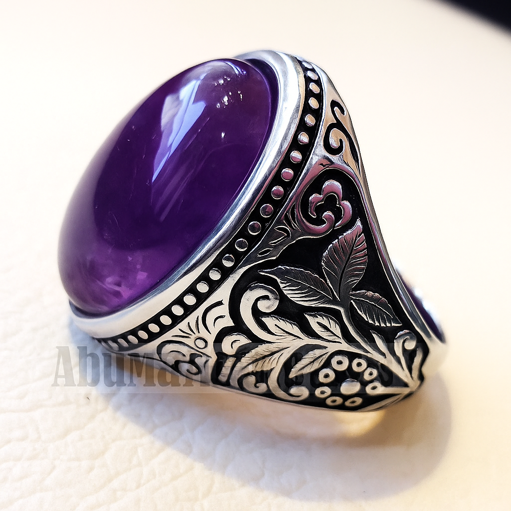 Amethyst man ring natural purple stone sterling silver 925 oval cabochon semi precious gem ottoman arabic style all sizes jewelry