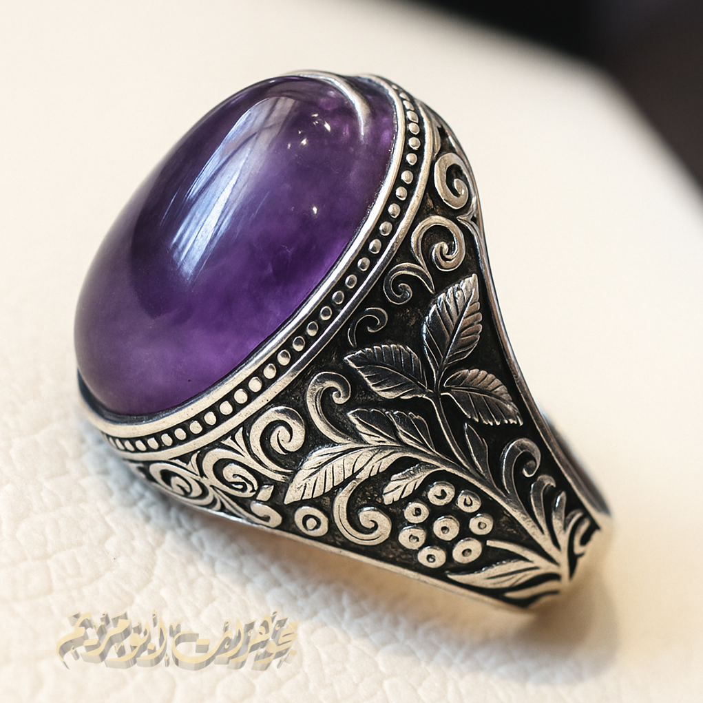Amethyst man ring natural purple stone sterling silver 925 oval cabochon semi precious gem ottoman arabic style all sizes jewelry