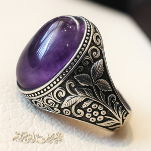 Amethyst man ring natural purple stone sterling silver 925 oval cabochon semi precious gem ottoman arabic style all sizes jewelry