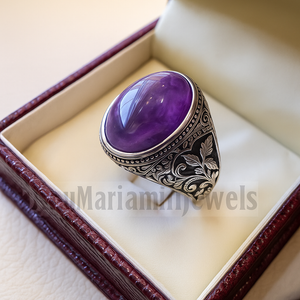 Amethyst man ring natural purple stone sterling silver 925 oval cabochon semi precious gem ottoman arabic style all sizes jewelry