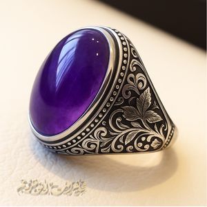 Amethyst man ring natural purple stone sterling silver 925 oval cabochon semi precious gem ottoman arabic style all sizes jewelry