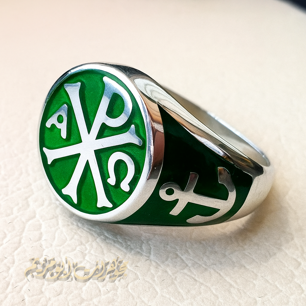 Chi Rho anchor on the sides cross christ christian symbol sterling silver 925 with rich green enamel man round ring jewelry fast shipping