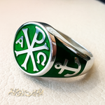 Chi Rho anchor on the sides cross christ christian symbol sterling silver 925 with rich green enamel man round ring jewelry fast shipping