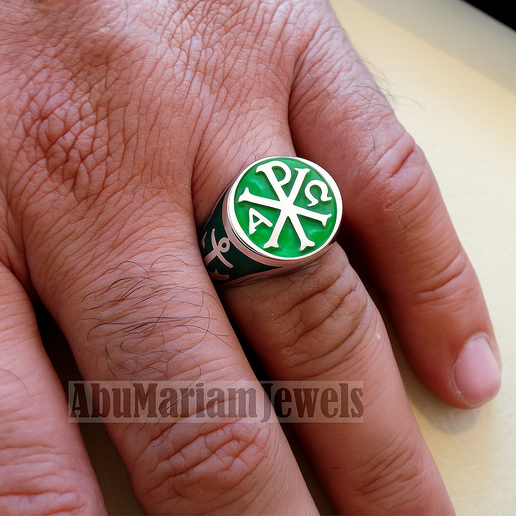 Chi Rho anchor on the sides cross christ christian symbol sterling silver 925 with rich green enamel man round ring jewelry fast shipping
