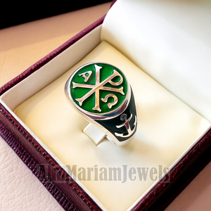 Chi Rho anchor on the sides cross christ christian symbol sterling silver 925 with rich green enamel man round ring jewelry fast shipping
