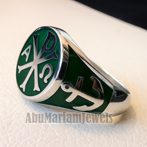 Chi Rho anchor on the sides cross christ christian symbol sterling silver 925 with rich green enamel man round ring jewelry fast shipping