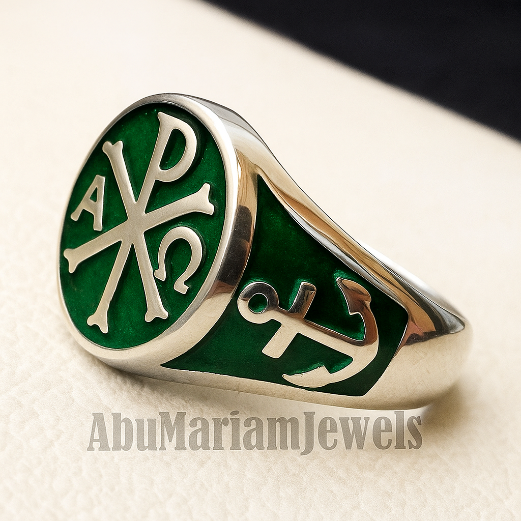 Chi Rho anchor on the sides cross christ christian symbol sterling silver 925 with rich green enamel man round ring jewelry fast shipping