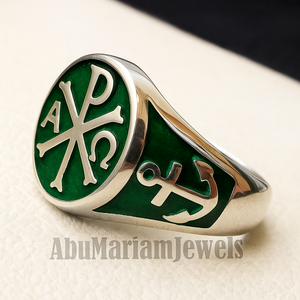 Chi Rho anchor on the sides cross christ christian symbol sterling silver 925 with rich green enamel man round ring jewelry fast shipping