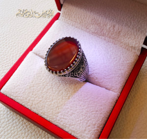 Striped aqeeq natural liver agate carnelian stone oval red flat gem man ring sterling silver Arabic middle eastern turkey style