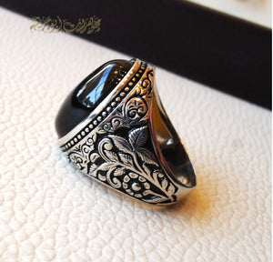 Black aqeeq natural agate stone oval red cabochon gem man ring sterling silver Arabic middle eastern turkey style