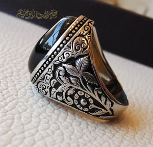 Black aqeeq natural agate stone oval red cabochon gem man ring sterling silver Arabic middle eastern turkey style