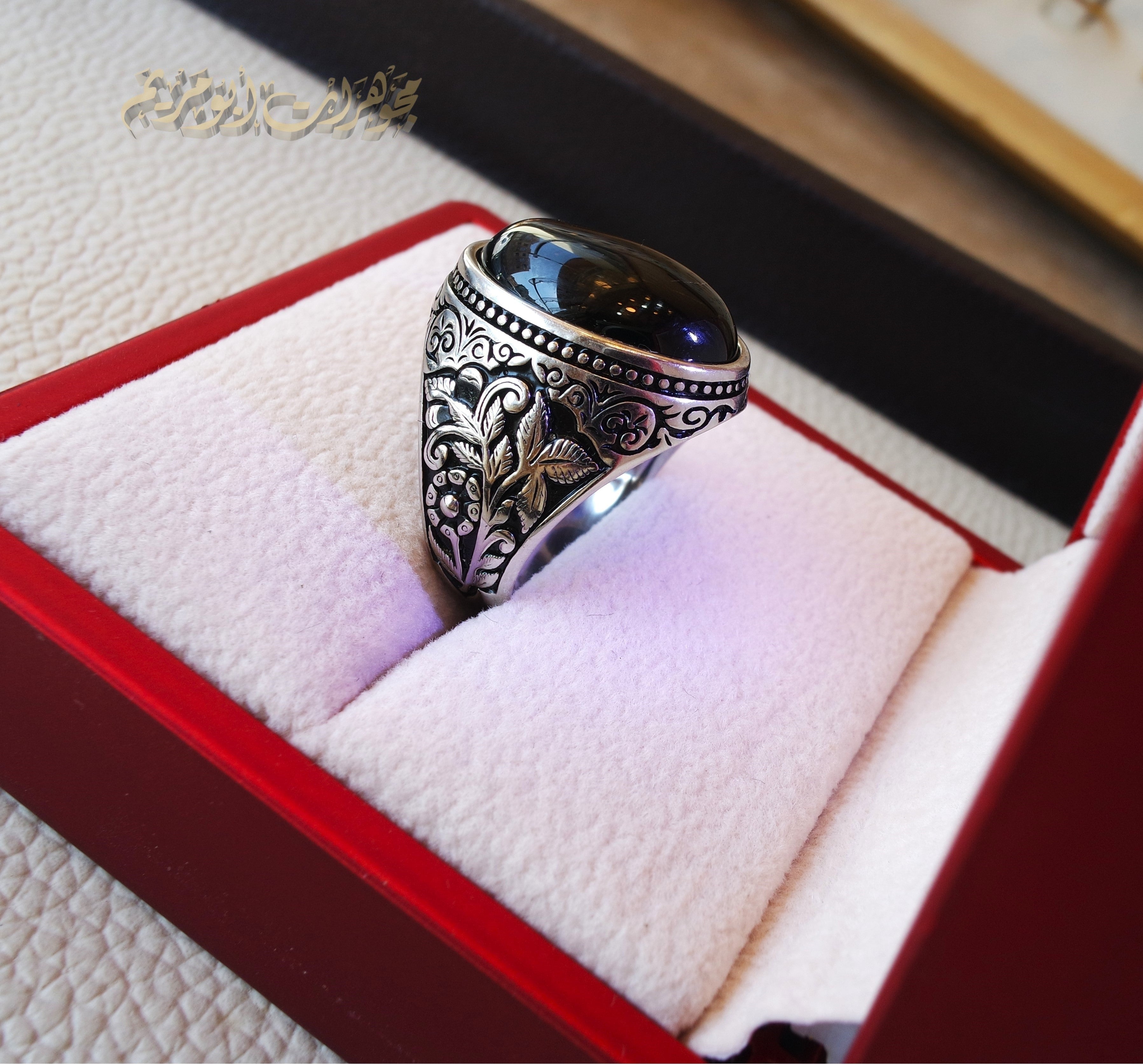 Black aqeeq natural agate stone oval red cabochon gem man ring sterling silver Arabic middle eastern turkey style