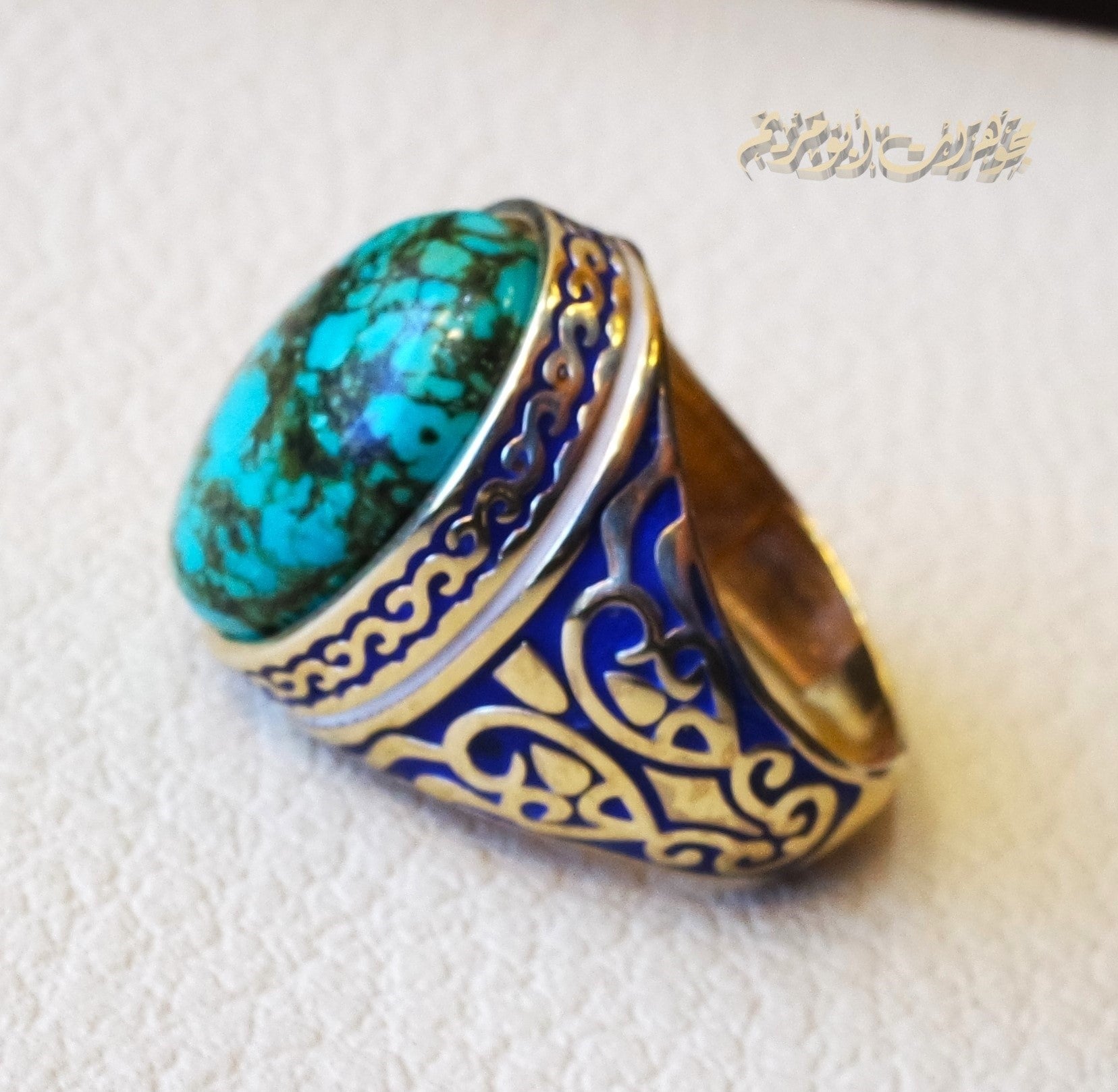 10k yellow gold men ring natural Tibet Turquoise cabochon stone all sizes Engraved with dark blue and white enamel  Ottoman signet style fine jewelry fast shipping