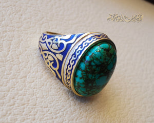 10k yellow gold men ring natural Tibet Turquoise cabochon stone all sizes Engraved with dark blue and white enamel  Ottoman signet style fine jewelry fast shipping
