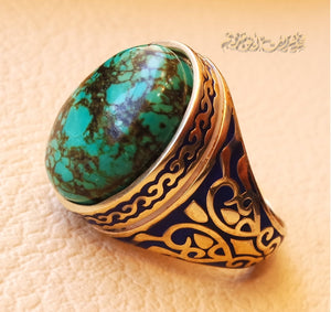 10k yellow gold men ring natural Tibet Turquoise cabochon stone all sizes Engraved with dark blue and white enamel  Ottoman signet style fine jewelry fast shipping