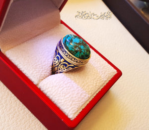 10k yellow gold men ring natural Tibet Turquoise cabochon stone all sizes Engraved with dark blue and white enamel  Ottoman signet style fine jewelry fast shipping