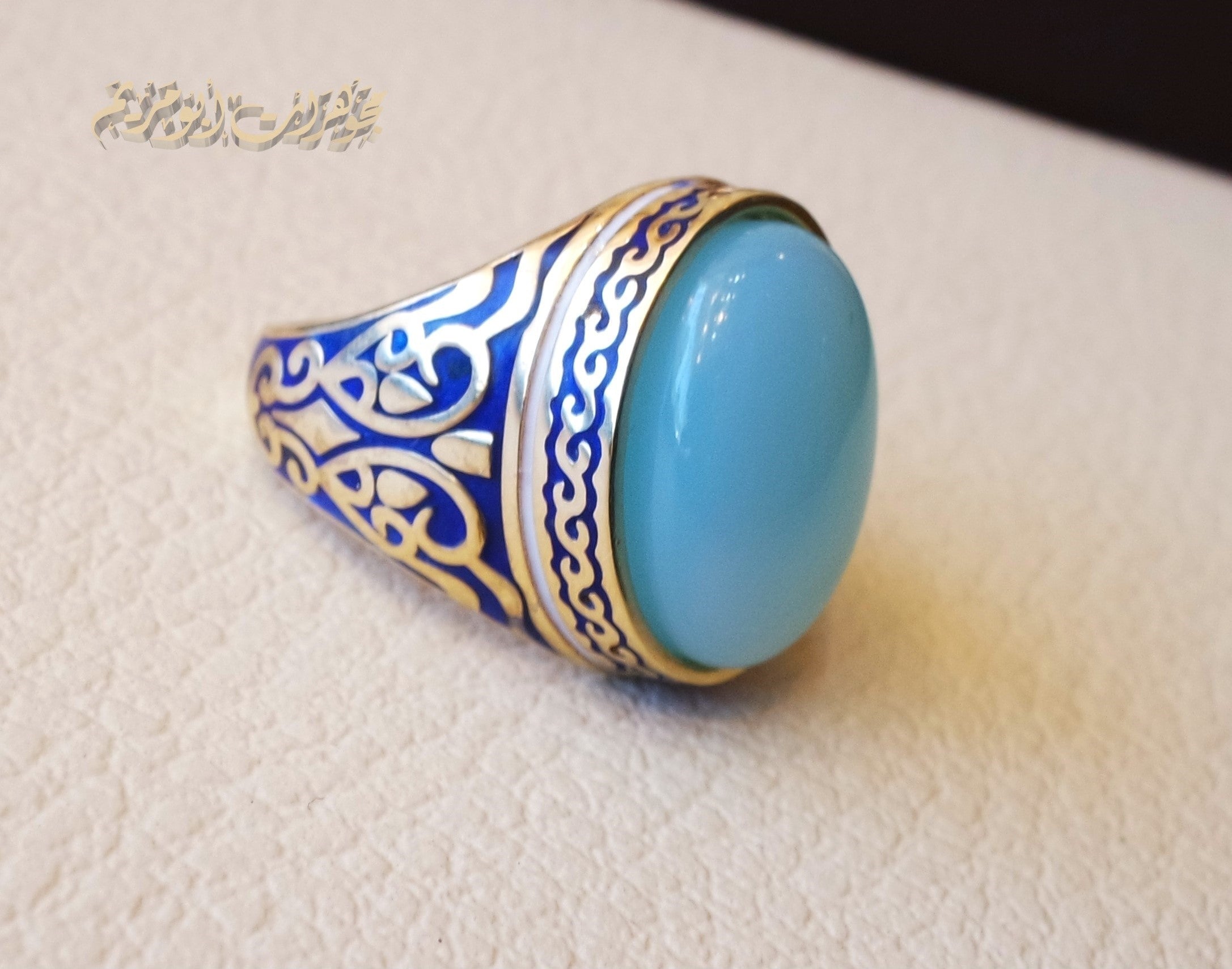 10k yellow gold men ring natural blue Chalcedony cabochon stone all sizes Engraved with dark blue and white enamel  Ottoman signet style fine jewelry fast shipping