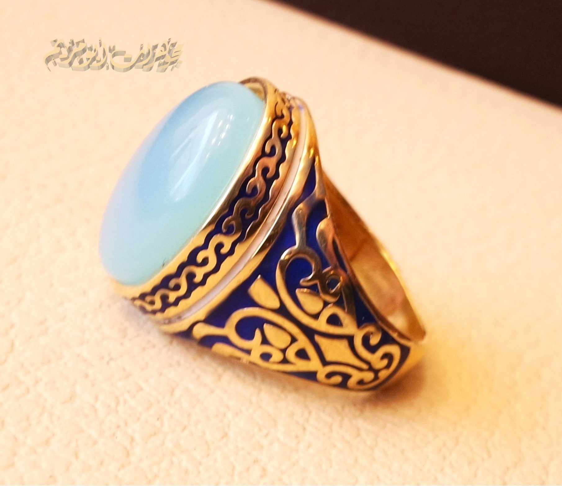 10k yellow gold men ring natural blue Chalcedony cabochon stone all sizes Engraved with dark blue and white enamel  Ottoman signet style fine jewelry fast shipping