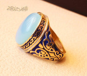 10k yellow gold men ring natural blue Chalcedony cabochon stone all sizes Engraved with dark blue and white enamel  Ottoman signet style fine jewelry fast shipping