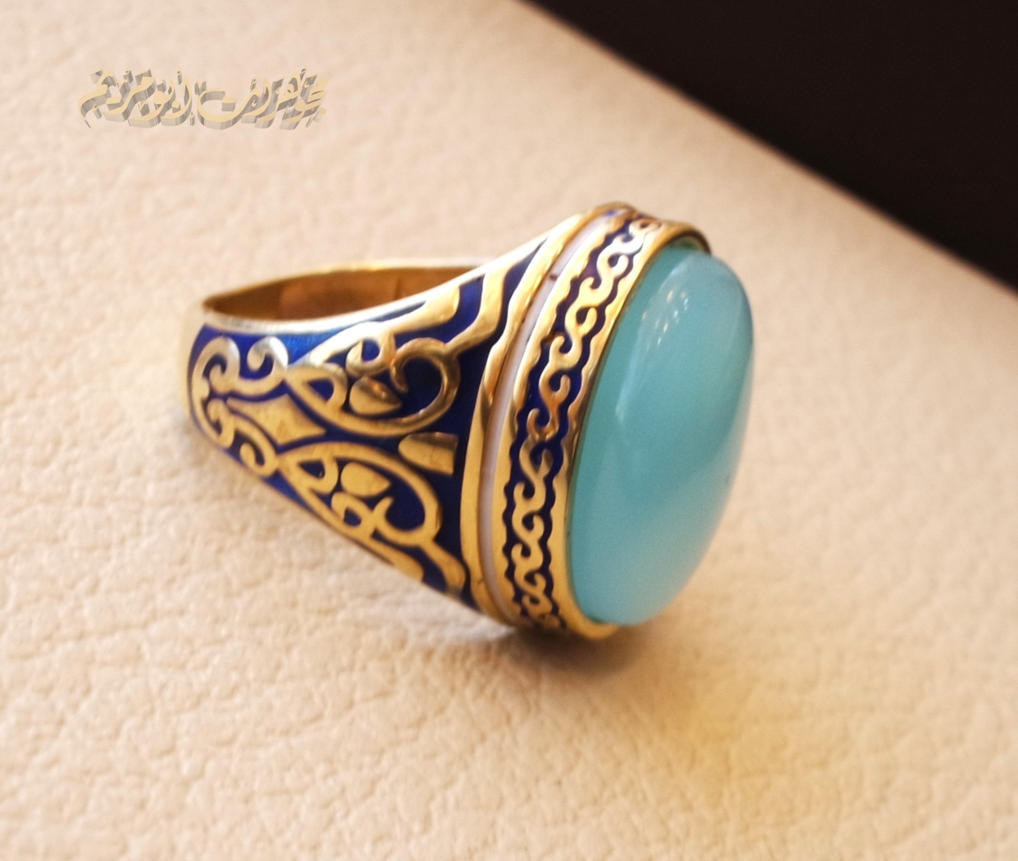 10k yellow gold men ring natural blue Chalcedony cabochon stone all sizes Engraved with dark blue and white enamel  Ottoman signet style fine jewelry fast shipping