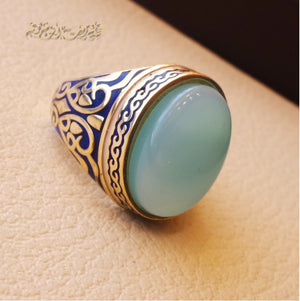10k yellow gold men ring natural blue Chalcedony cabochon stone all sizes Engraved with dark blue and white enamel  Ottoman signet style fine jewelry fast shipping
