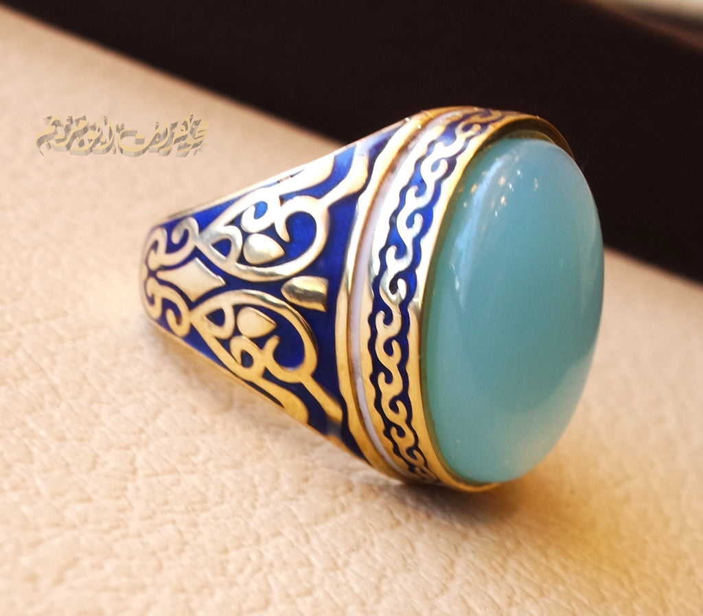 10k yellow gold men ring natural blue Chalcedony cabochon stone all sizes Engraved with dark blue and white enamel  Ottoman signet style fine jewelry fast shipping