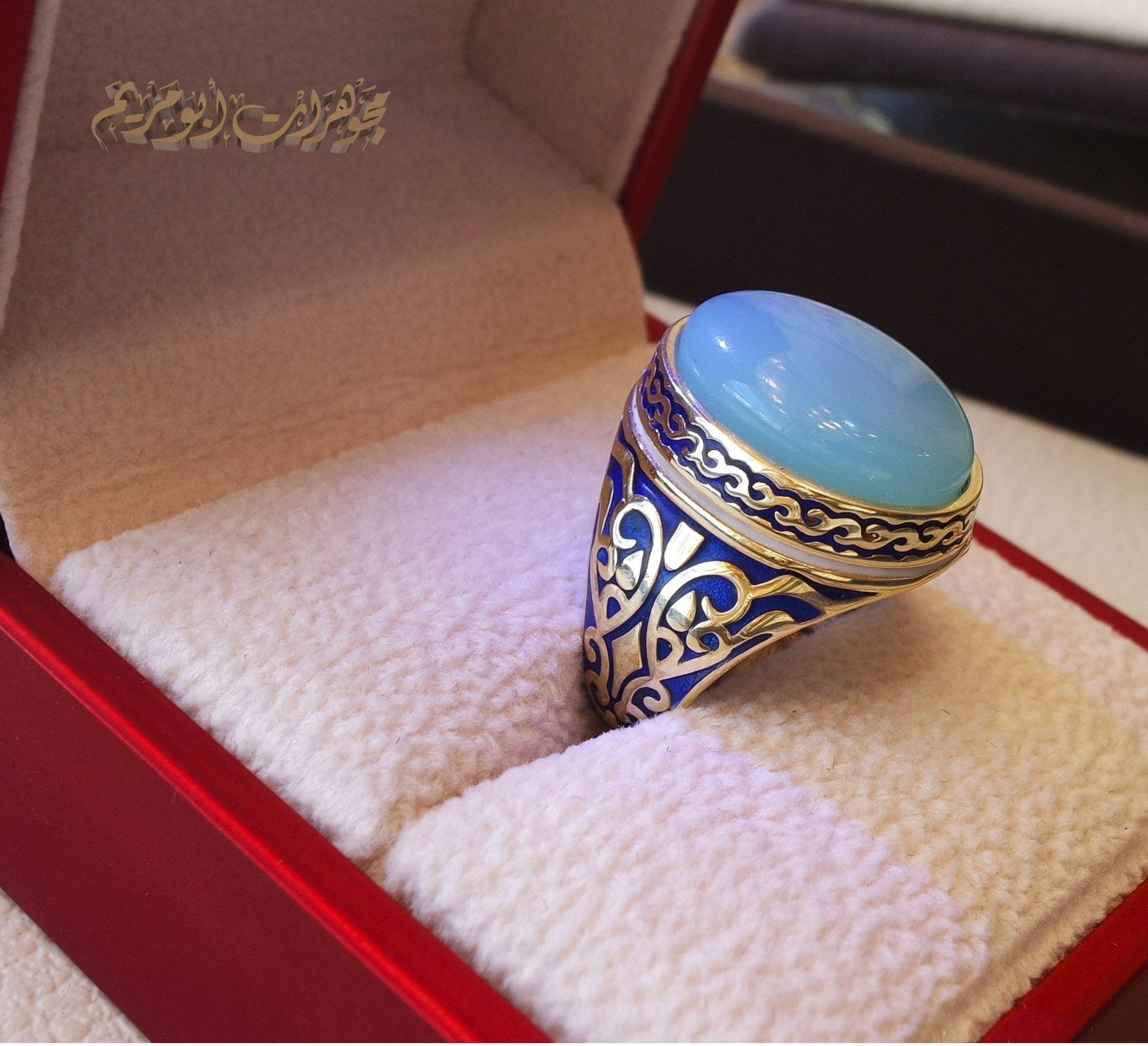 10k yellow gold men ring natural blue Chalcedony cabochon stone all sizes Engraved with dark blue and white enamel  Ottoman signet style fine jewelry fast shipping
