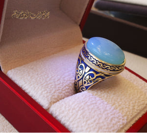 10k yellow gold men ring natural blue Chalcedony cabochon stone all sizes Engraved with dark blue and white enamel  Ottoman signet style fine jewelry fast shipping