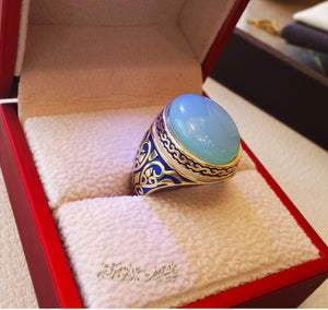 10k yellow gold men ring natural blue Chalcedony cabochon stone all sizes Engraved with dark blue and white enamel  Ottoman signet style fine jewelry fast shipping
